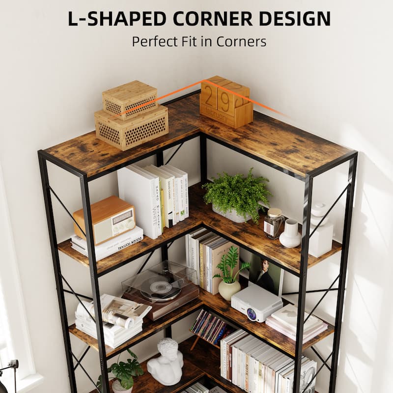 Futzca L-Shaped Corner Bookcase, 5-Tier Wood Bookshelf