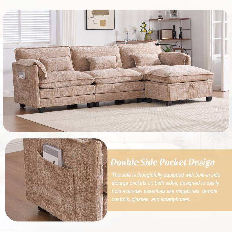 HOMEFUN Chenille Upholstered L-shaped Phone Holder Modular Sectional Sleeper Sofa with Movable Storage Ottoman
