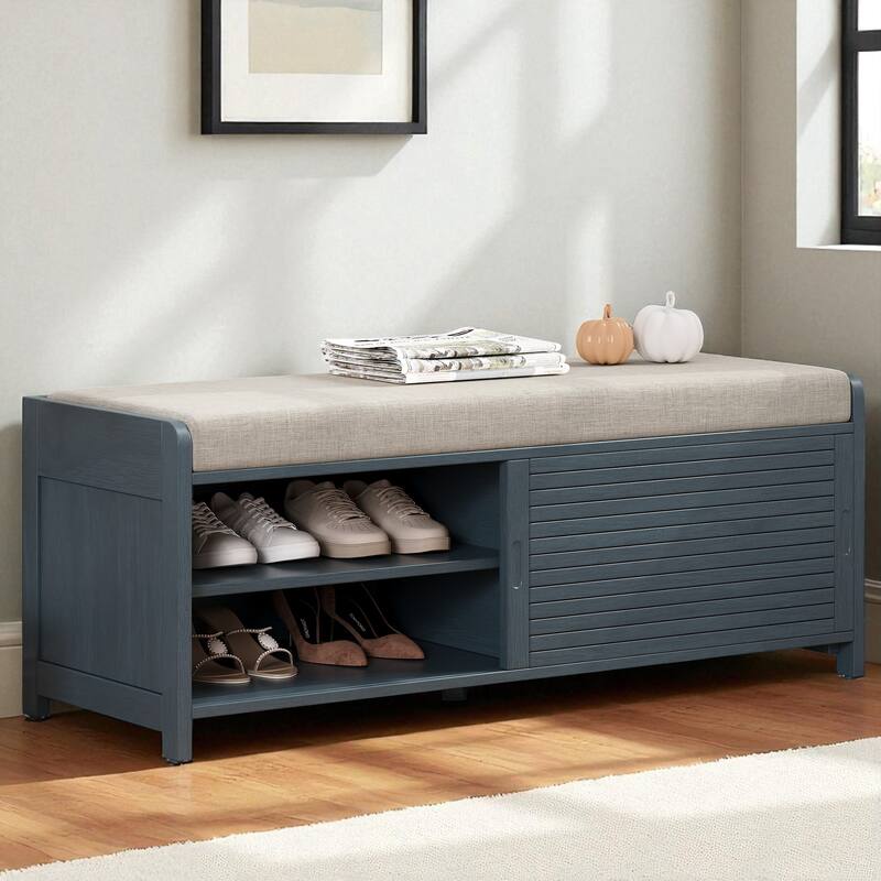 Distressed Shutter Shoe Bench with Cushion, Entryway Storage Bench with Sliding Door & Shelves, 43.3" Wide