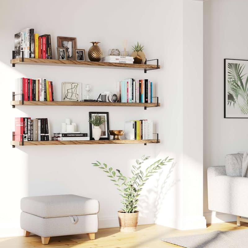Wallniture Toledo 48 Inch Wooden Shelf for Living Room, Office Shelf, Wall Mounted Bookshelf, Farmhouse, Burnt, 1 Pc