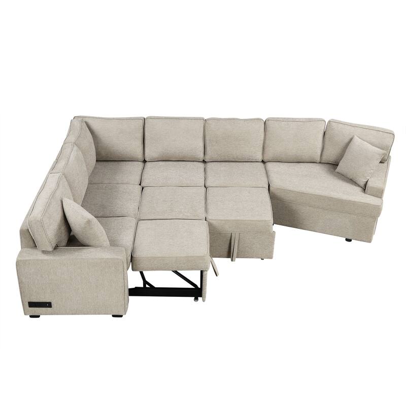 Beige 126" L-Shaped 6-Seater Sectional Sofa with Pull-Out Bed, USB Charging Ports, and Drop-Down Cup Holder Tables