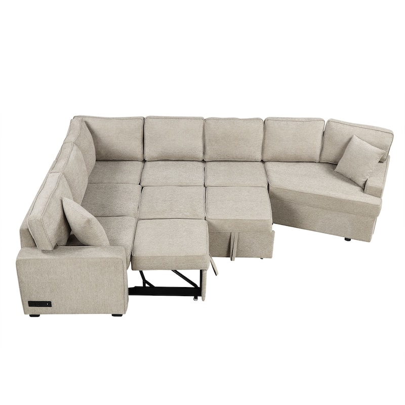 Modern 126" L-Shaped Sofa with Sleeper Bed, Cup Holders, and Power Outlets