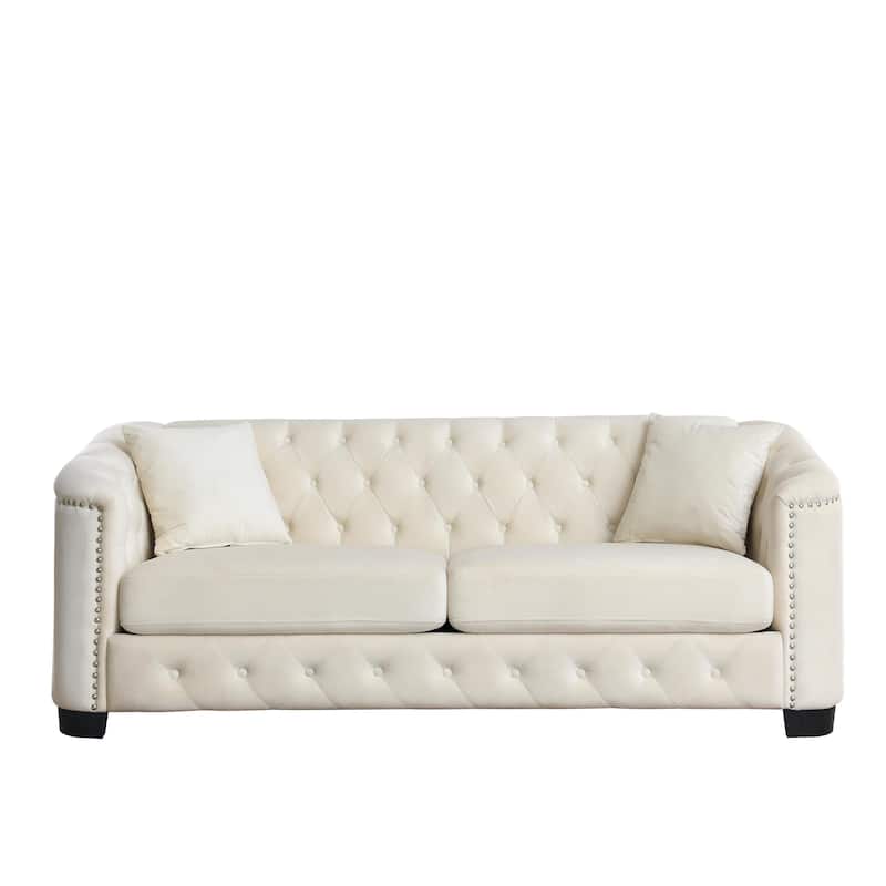3 Seater Velvet Upholstered Sofa with Tufted Back and Nailhead Arms