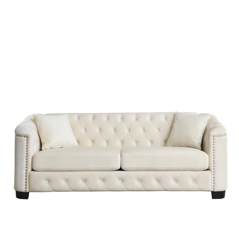 77'' Modern Velvet 3-Seater Sofa with Tufted Backrests, Nailhead Trim, and 2 Pillows