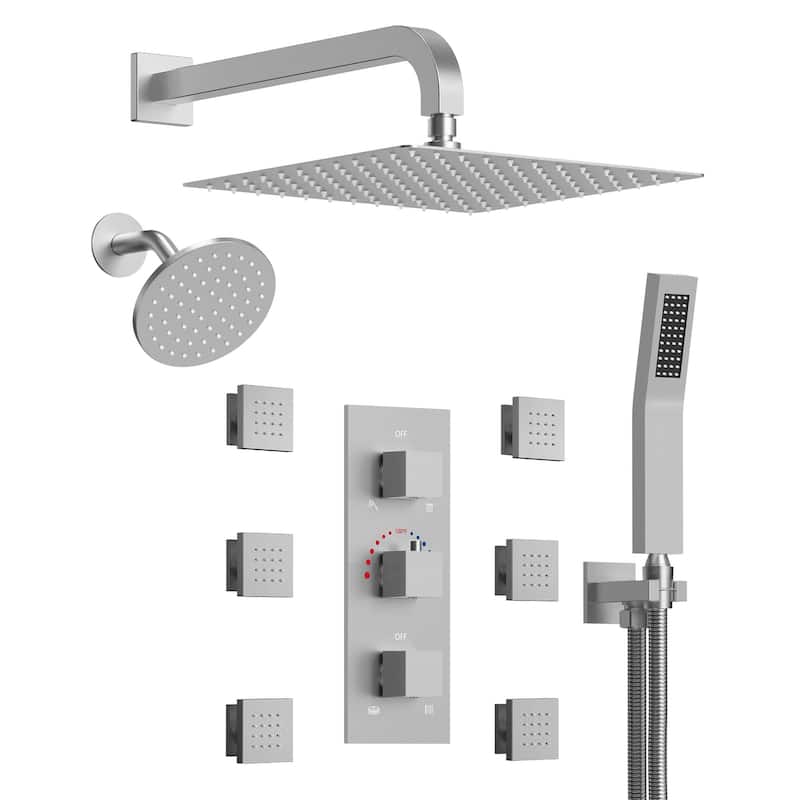 Thermostatic Dual Shower System 12" and 6" Rainfall Shower Head with 6 Body Jets & Handheld Shower - 12" x 6" - Brushed Nickel