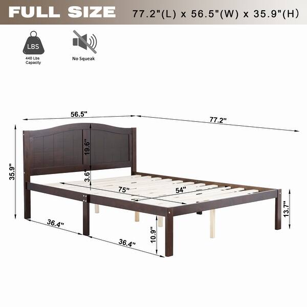 dimension image slide 1 of 2, Full Size Bed Frame with Headboard - Modern Minimalistic Design, Sturdy Pine Wood