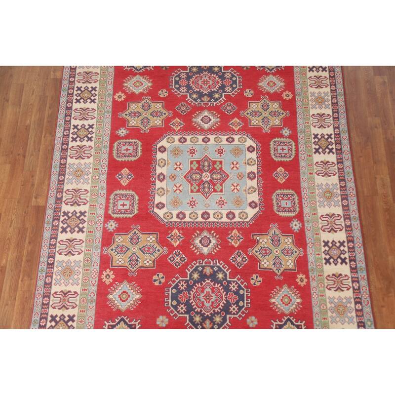 Hand Knotted Oriental 100% Wool Carpet Traditional Geometric Red Kazak Area Rug - 9' 8'' X 6' 3''