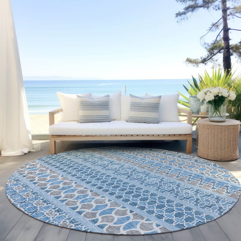 Machine Washable Indoor/ Outdoor Chantille Stripe Boho Rug - Sky - 8' x 8'