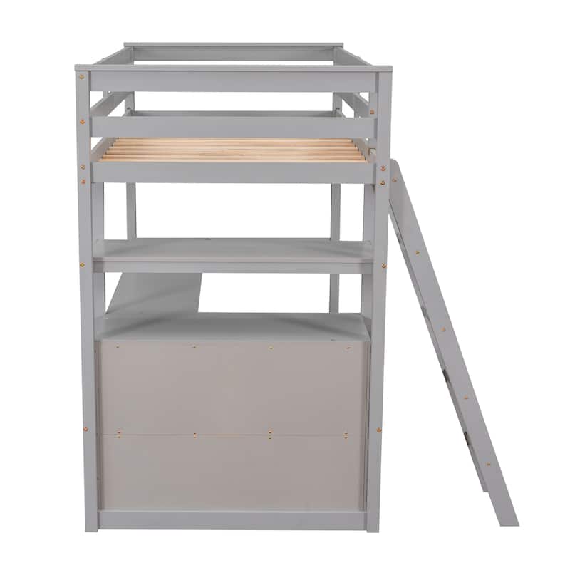 Roomfitters Twin Loft Bed with Integrated Desk, Side Shelves and Two Storage Compartments