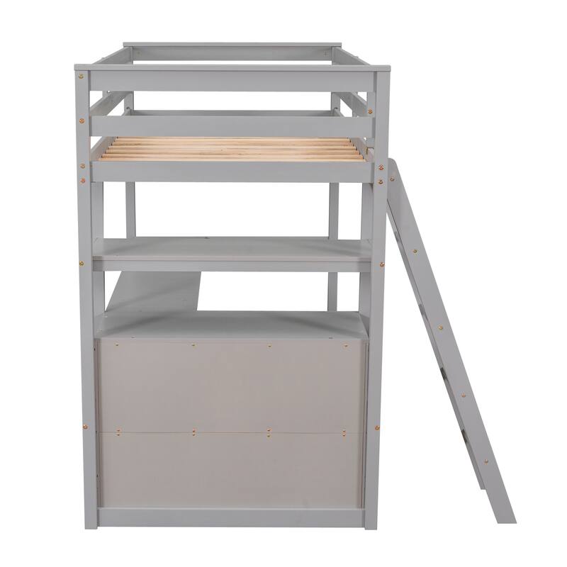 Twin Size Loft Bed with Desk, Shelves, and Two Drawers in Gray