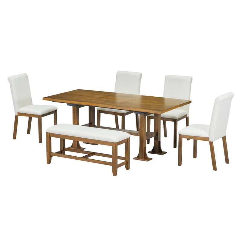 Farmhouse Style 6-Piece Extendable Dining Table Set with Removable Leaf and 4 Upholstered Chair and Bench