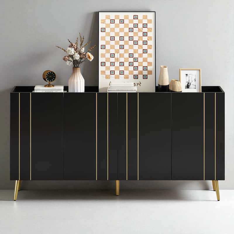 Luxurious Shoe Cabinet & 70" TV Stand, Minimalist Sideboard with Gold-Line Doors, 4 Adjustable Shelves, 62.9" W - Black
