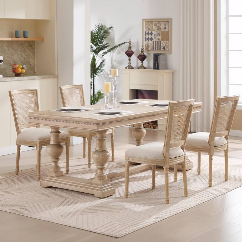 Set of 2 French Country Dining Chairs, Upholstered with Natural Rattan T-Shaped Back