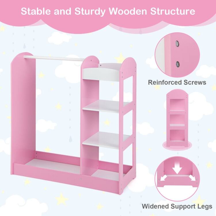 Kids Dress-Up Armoire with Mirror & Storage Wooden Costume Closet Organizer for Toddlers