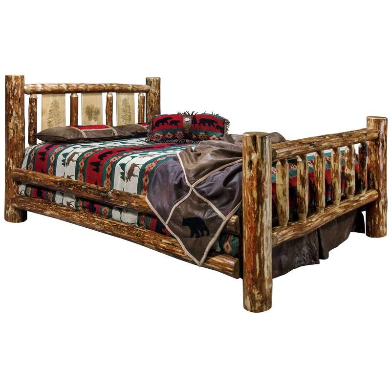 King Bed Rustic Design - Laser Engraved Pine Tree - Solid Wood Frame - Stain & Lacquer Finish - HomeStock