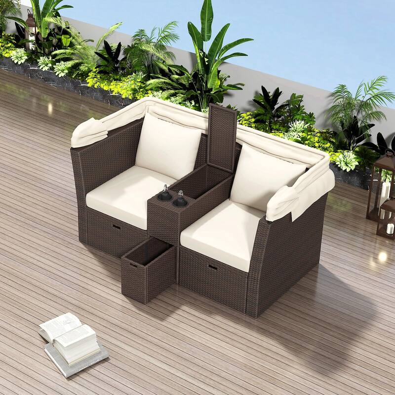 Outdoor Patio Loveseat Sofa Set with Foldable Awning