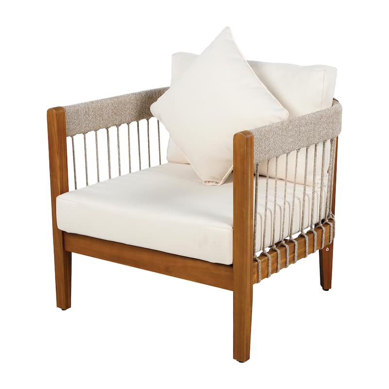 Acacia Wood Outdoor Club Chair with Handwoven Rope Accents & Curved Backrest - Water-Resistant with Removable Cushions