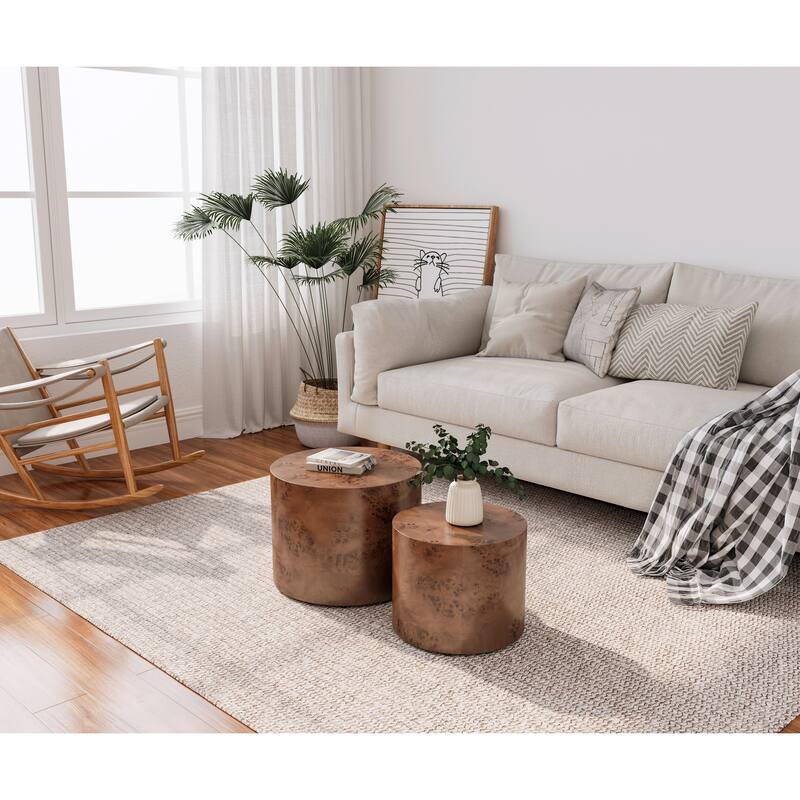 Nesting Coffee Table Set of 2, Modern Round Wooden Accent Tables, Space-Saving Circle Drum Side Tables