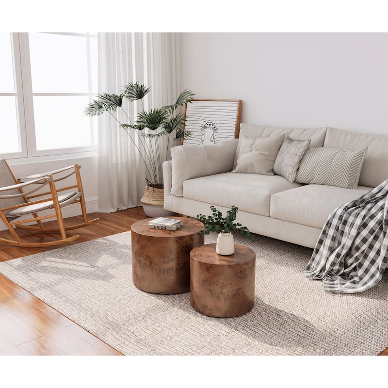 Rustic Nesting Table Dark Brown Coffee Table Set of 2, Accent Table Drum Side Table Round Sofa Table Center Table