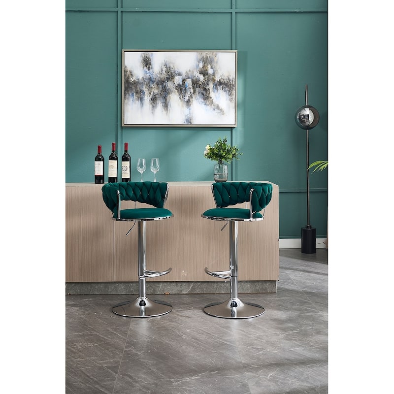 Set of 2 Adjustable Swivel Bar Stools, Green Velvet with Chrome Footrest & Chrome Legs