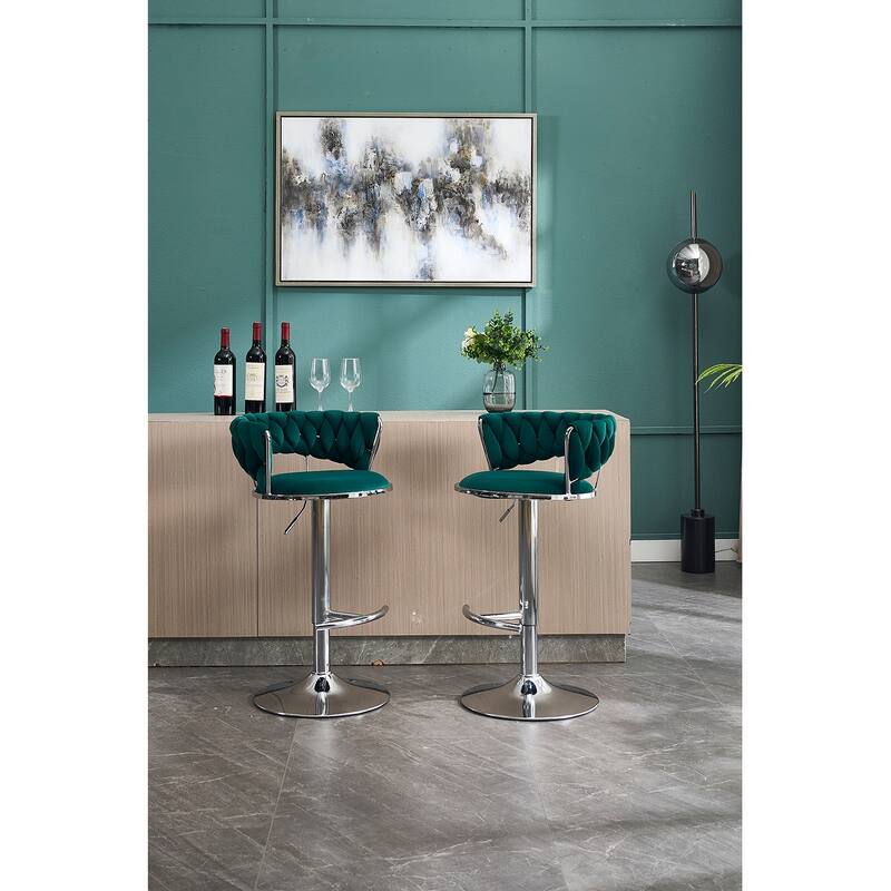 Velvet Bar Stools Set of 2, Kitchen Island Stools with Adjustable Height, Swivel Bar Stool with Chrome Footrest