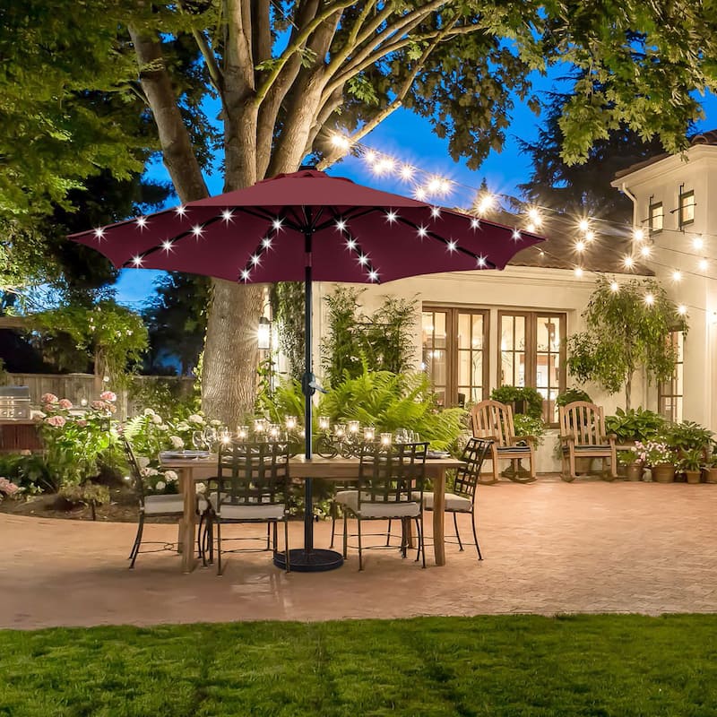 Yaheetech 9FT Patio Umbrella with 32 LED Lights Market Umbrella with 8 Ribs - Burgundy