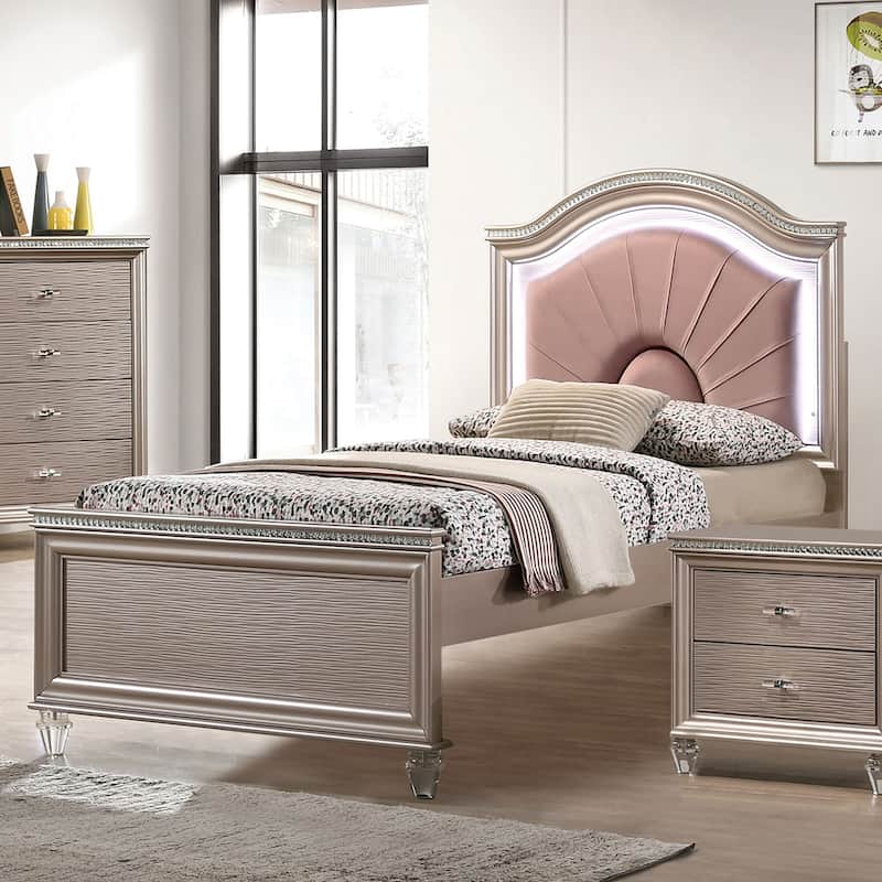 Ving Modern Rose Gold LED Light Upholstered Platform Bed by Furniture of America - Full