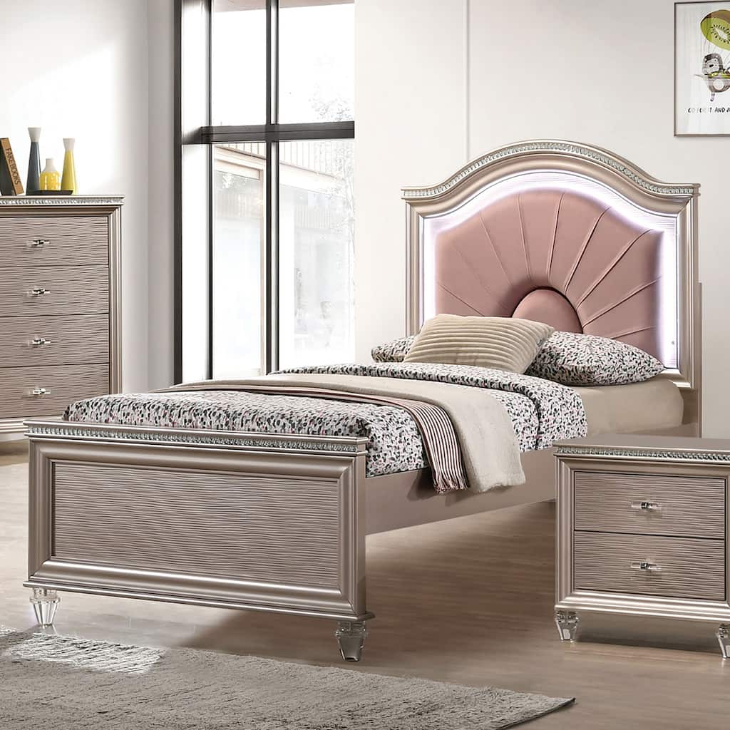 Ving Modern Rose Gold LED Light Upholstered Platform Bed by Furniture of America