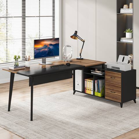 75 Inch L-Shape Large Executive Desk with Drawers & File Cabinet