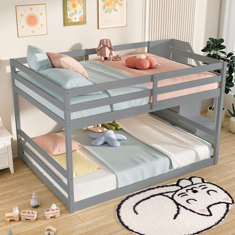 Costway Full Over Full Low Bunk Bed with Storage Stairs with