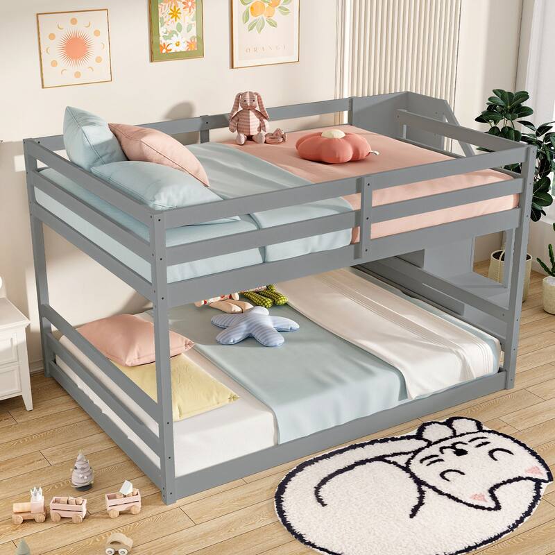 Full Over Full Wooden Bunk Bed with Storage Stairs and Guardrails White Gray Pine Frame for Kids and Adults