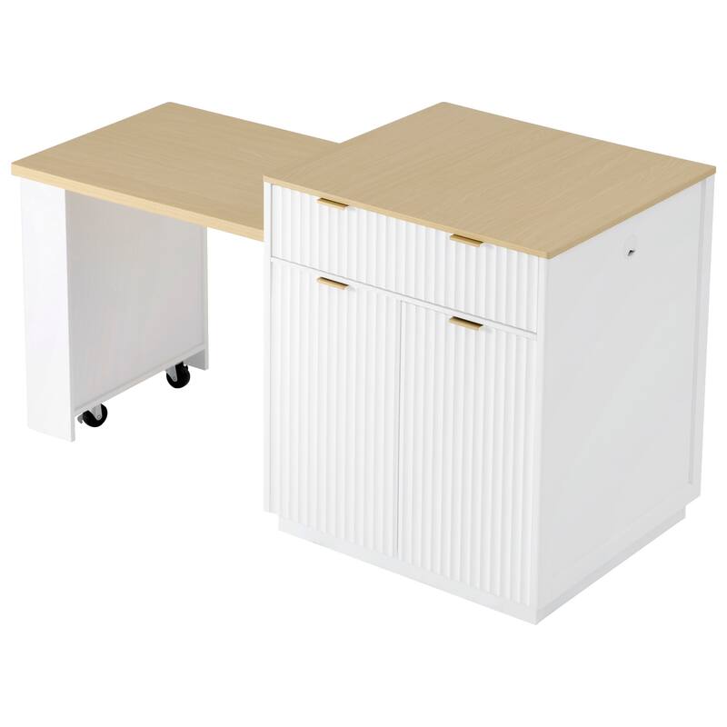 82.6" Fluted Kitchen Island with Extendable Table, Power Outlet & Storage for 4-6