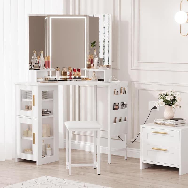 Corner Vanity Desk and Stool, Makeup Dressing Table Set with Light Mirror - White