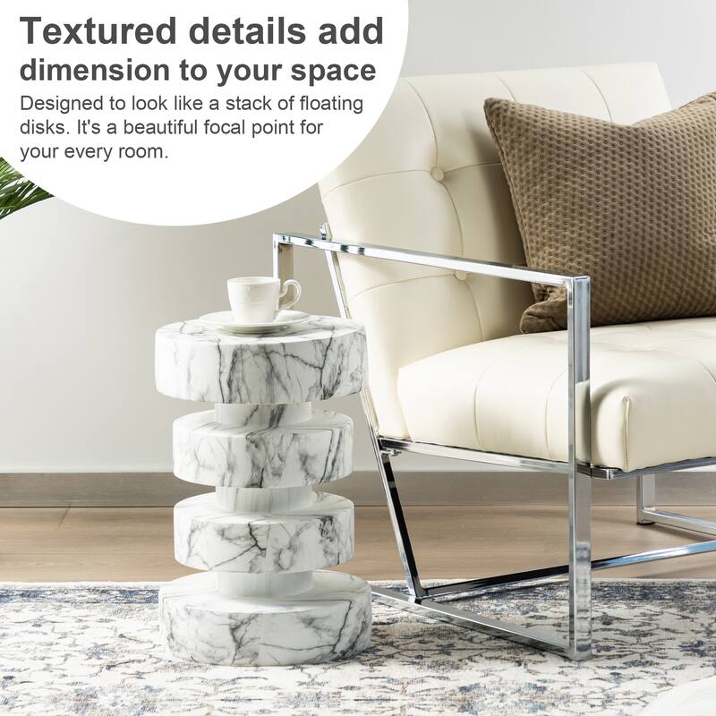 Glitzhome 18"H Modern Antique Gold/White MGO Floating Disks Side Table or Accent Stool - 12"L x 12"W x18"H
