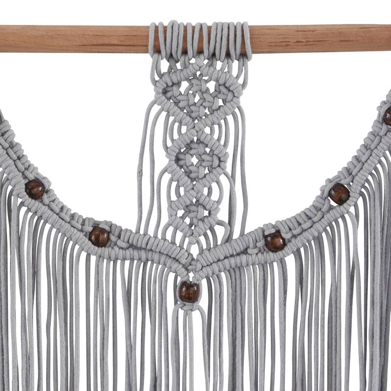 Cotton Fabric Macrame Handmade Intricately Weaved Wall Decor with Beaded Fringe Tassels - Gray - Roche River Decor
