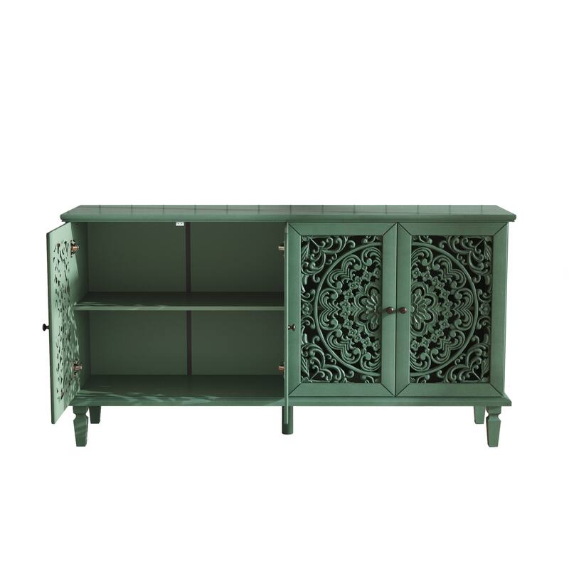 Buffet Cabinet with Floral Carvings with Solid Wood Legs&Antique Brass Handles&Adjustable Shelves,