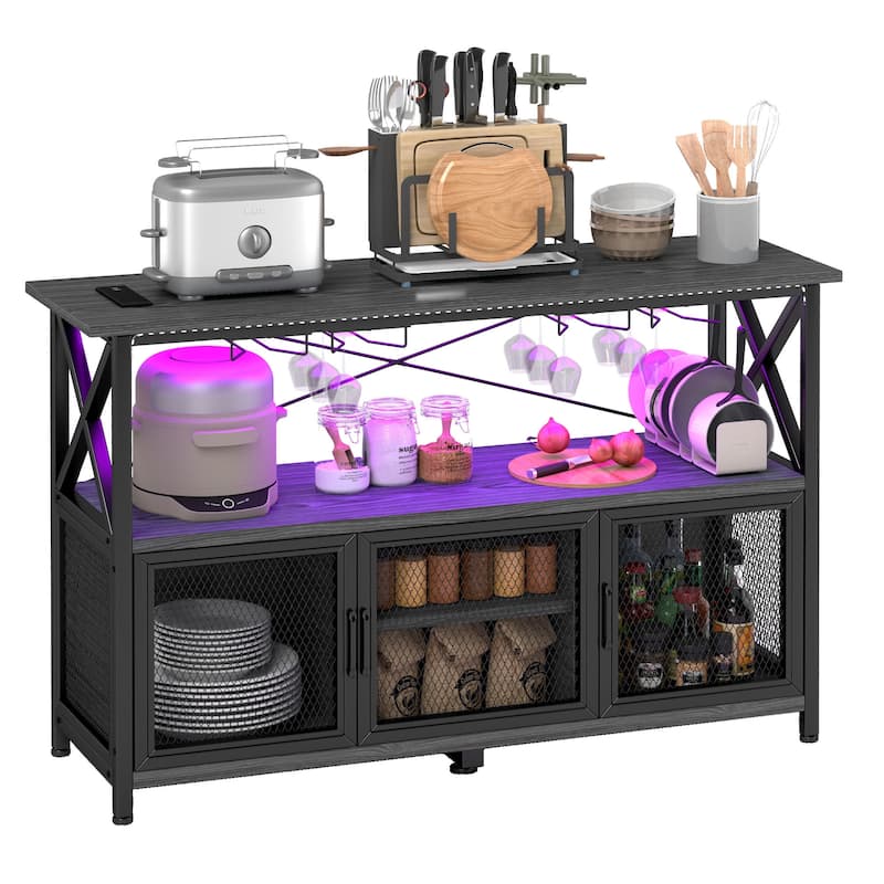 Liquor Bar Cabinet with LED Light Removable Wine Rack