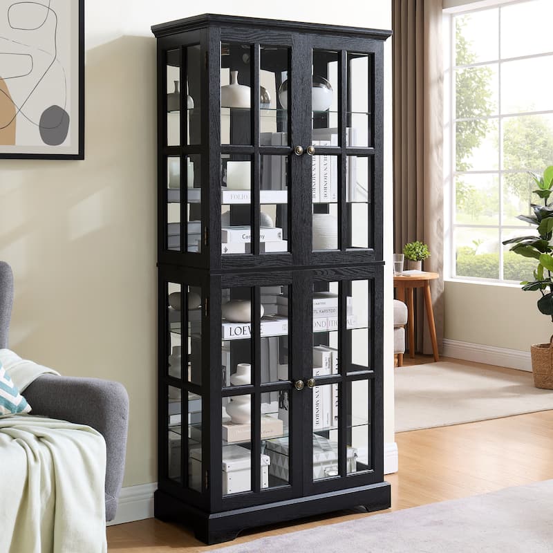 Curio Display Cabinet, Antique Display Cabinet with Glass Doors Adjustable Shelves for Collectibles Four Door Design