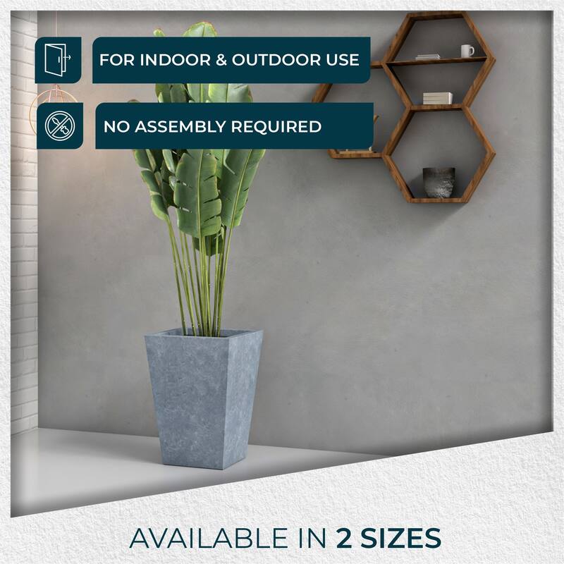 Serene Modern Square Tapered Fiberstone MGO Planter with Drainage Holes, Cover & Weather-Resistant Indoor Outdoor Plant Pot