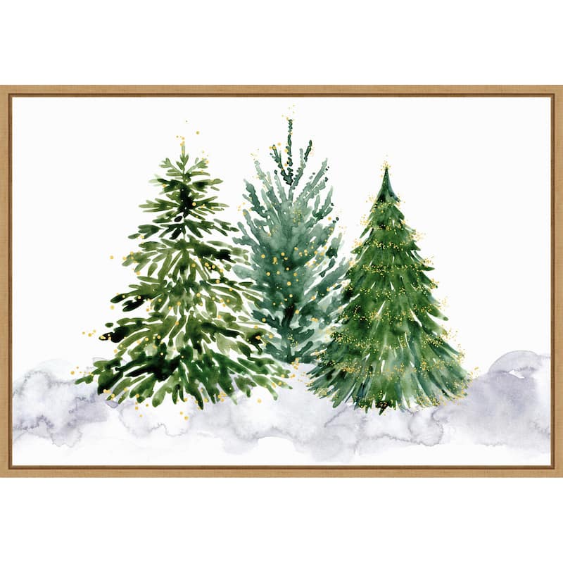 Three watercolor Christmas trees by Rosana Laiz Blursbyai Framed Canvas Wall Art Print