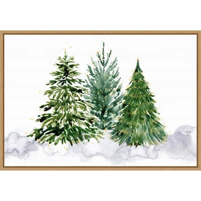 Three watercolor Christmas trees by Rosana Laiz Blursbyai Framed Canvas Wall Art Print