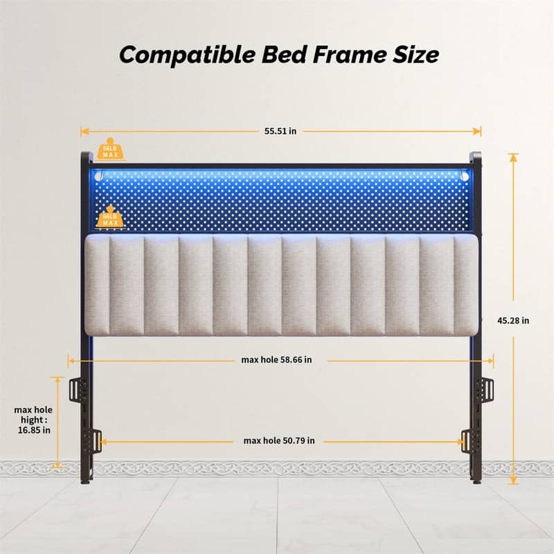 Adjustable Upholstered Headboard with 2 Tier Shelves with Charging Stations and LED Lights, Modern Bed Headboard with Storage