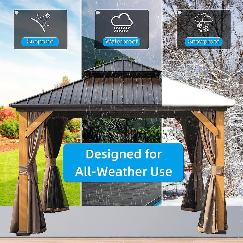 Outdoor Hardtop Gazebo Cedar Wood Frame Galvanized Steel Double Roof with Curtains and Netting
