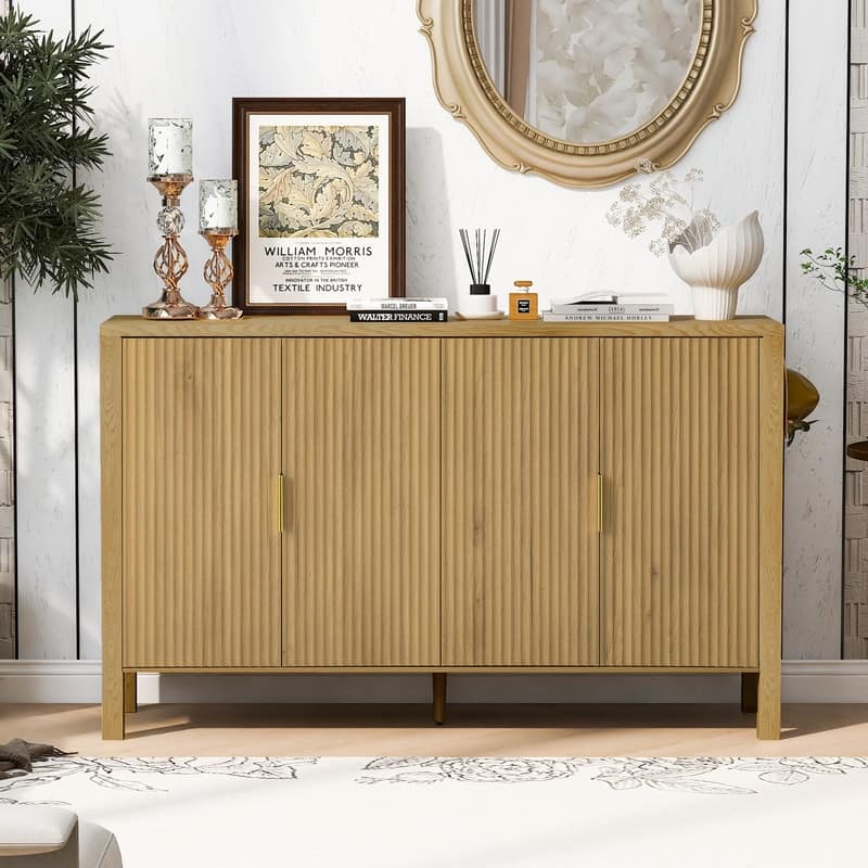 Modern 57.5" Fluted Door 4-Door Sideboard with Side Hooks and Adjustable Shelves