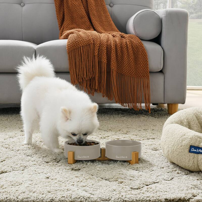Coco Dual Pet Bowl with Wood Stand 5.11'' in Gray - 10.8