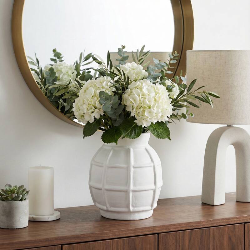 Paper Mache Raised Grid Texture Modern Vase - White, 11" - White - 11.25"