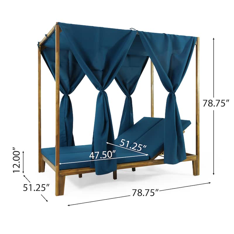 Kinzie Outdoor 2-seat Adjustable Acacia Daybed with Curtains by Christopher Knight Home - 51.25" L x 78.75" W x 78.75" H