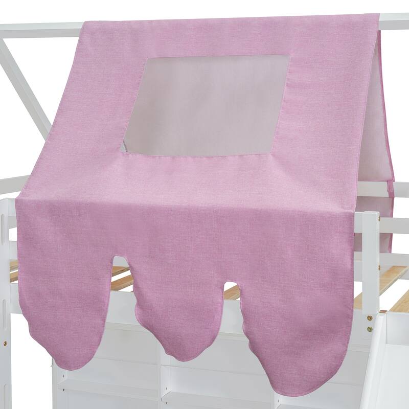 Twin Size Wooden Loft Bed with House-Shaped Frame, Tent, Slide, and Storage, White and Pink