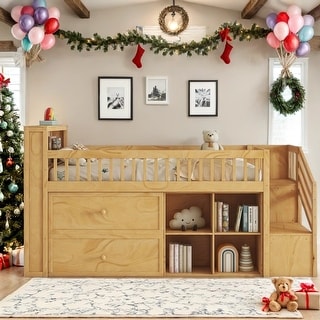 Twin Size Loft Bed with Staircase,Kids Loft Bed with LED