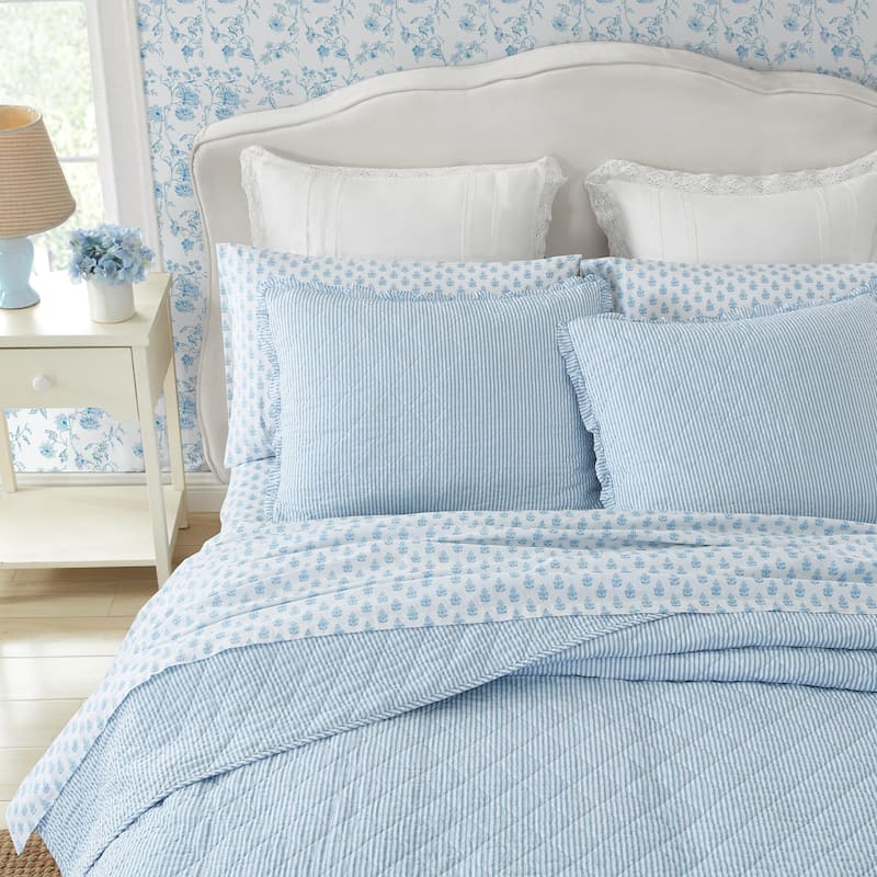 Laura Ashley Oxford Stripe Cotton Reversible Blue Quilt Set